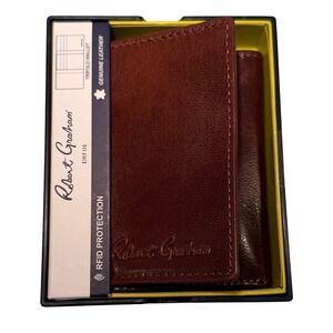 Robert Graham Mens NEW Genuine Leather Tri-Fold Wallet Brown RFID Blocking Boxed